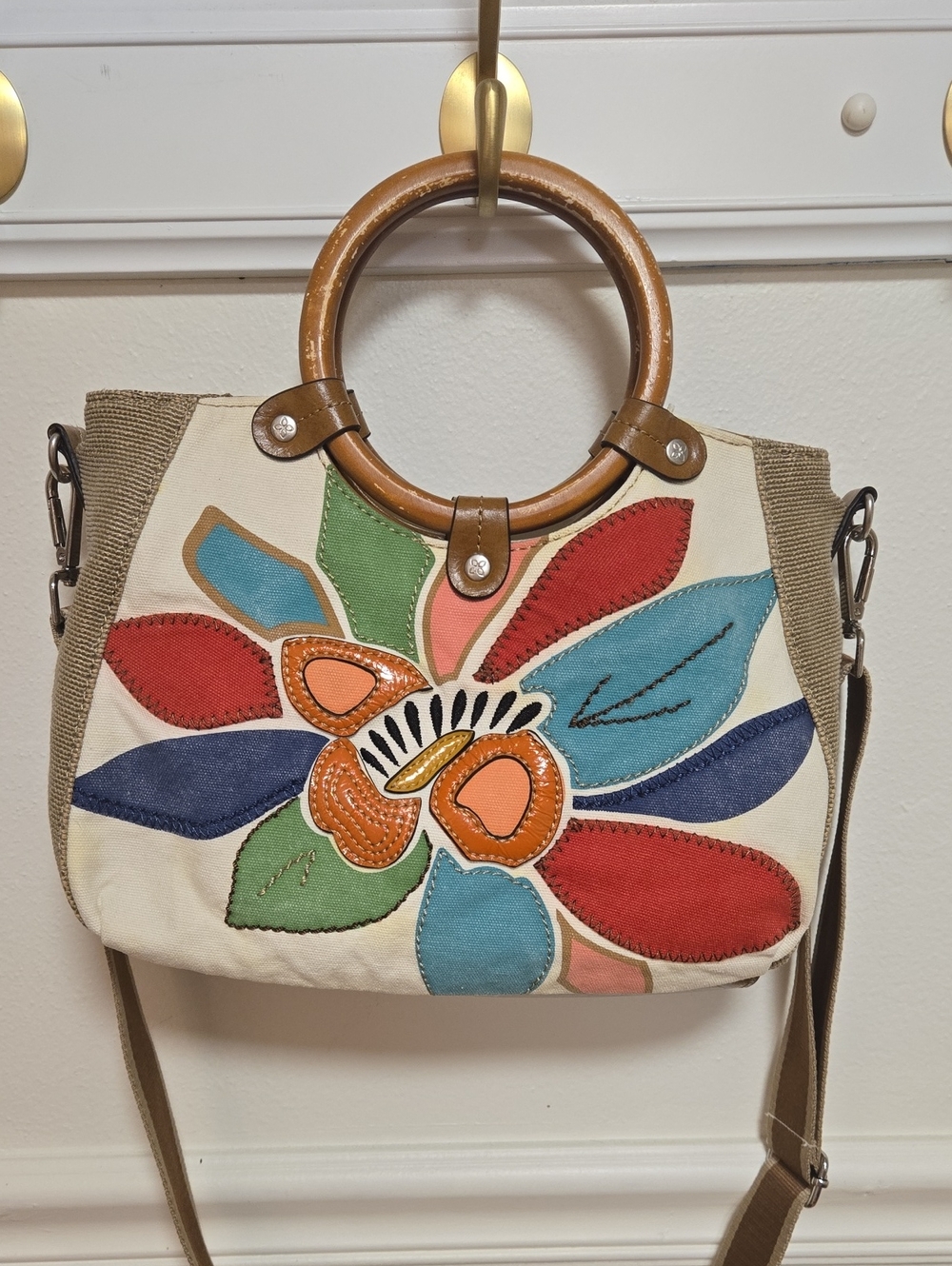 Canvas Floral Patchwork Handbag with Wooden Ring Handles - Multicolor